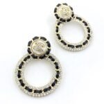 Chanel Crystal Pearl Cc Chain Hoop Drop Earrings Gold Black - Image 5