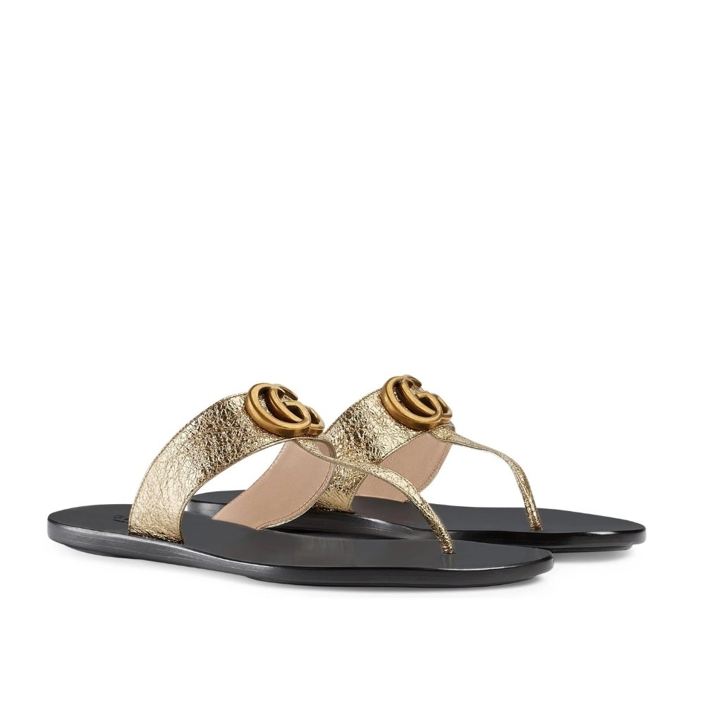 10-6-3 Gucci Double G Thong Leather Metallic Gold 497444 0B7N0 7100 - Image 1