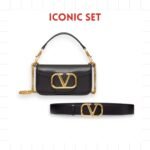 Gift Set: Valentino Locò Small Shoulder Bag In Calfskin Black And Garavani Leather Belt Vlogo Reversible Black
