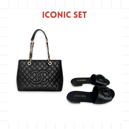 Gift Set: Chanel Bolsa Grand Tote Black And Camellia Leather Slides Black