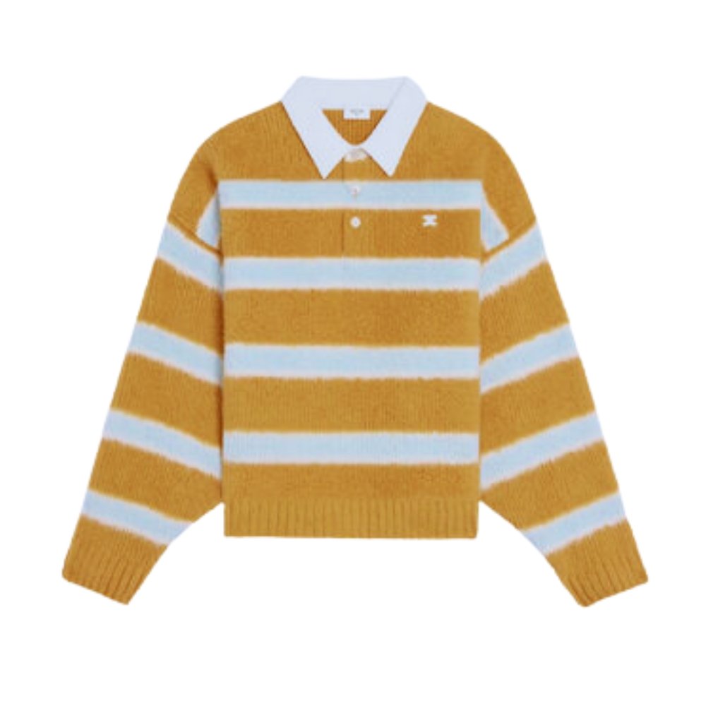 238-4 Celine Polo Sweater In Brushed Striped Cotton Ochre And Light Blue Ry0Fq0Zqj Gbo7 - Image 1