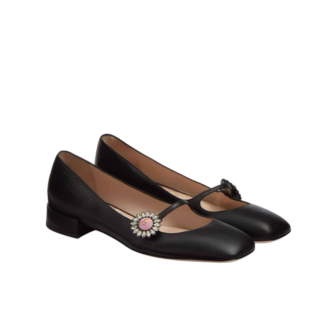 241-9 Valentino Mary Jane Preshoes Ballerina In Kidskin With Jewel Button Black 6W2S0Ll7Dhs 9Tj - Image 1