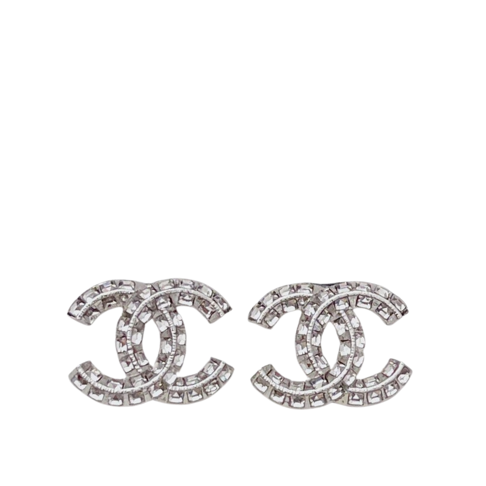 30 Chanel Cc Crystal Stud Earrings Metal Silver - Image 1