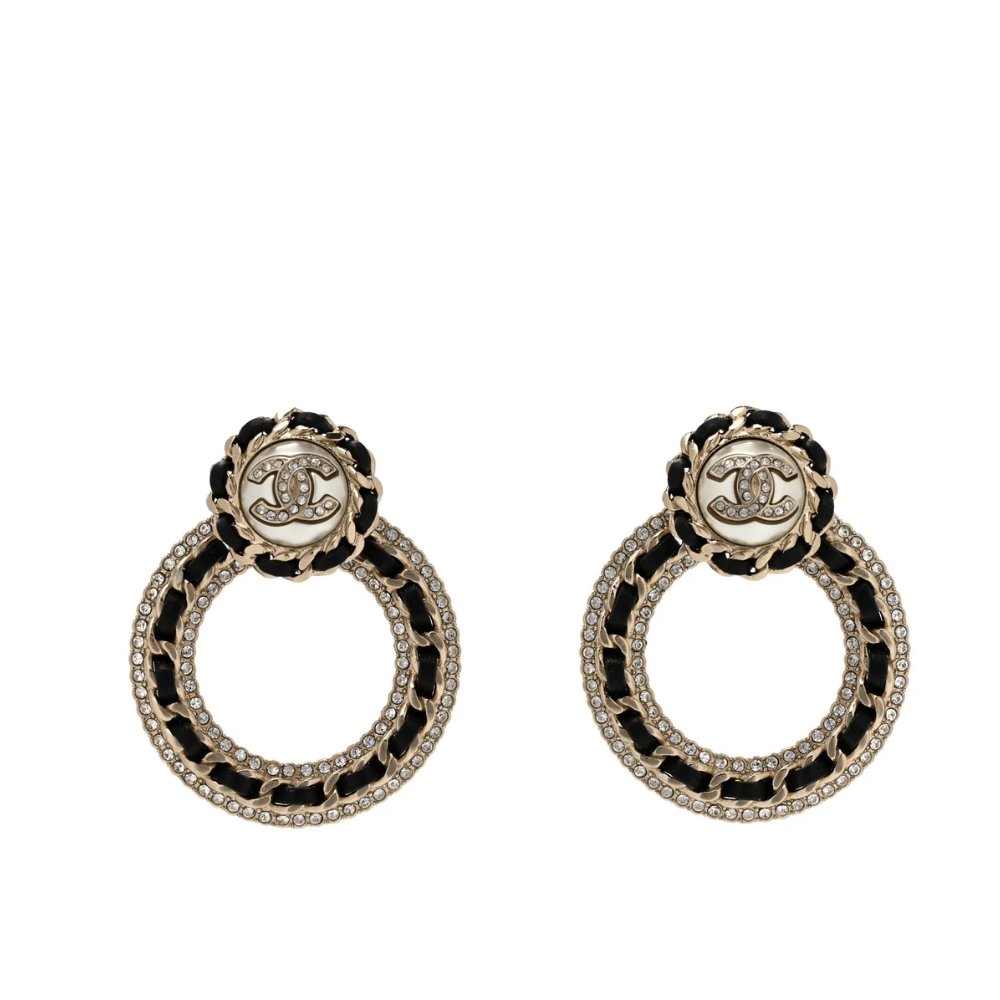 34-15 Chanel Crystal Pearl Cc Chain Hoop Drop Earrings Gold Black - Image 1