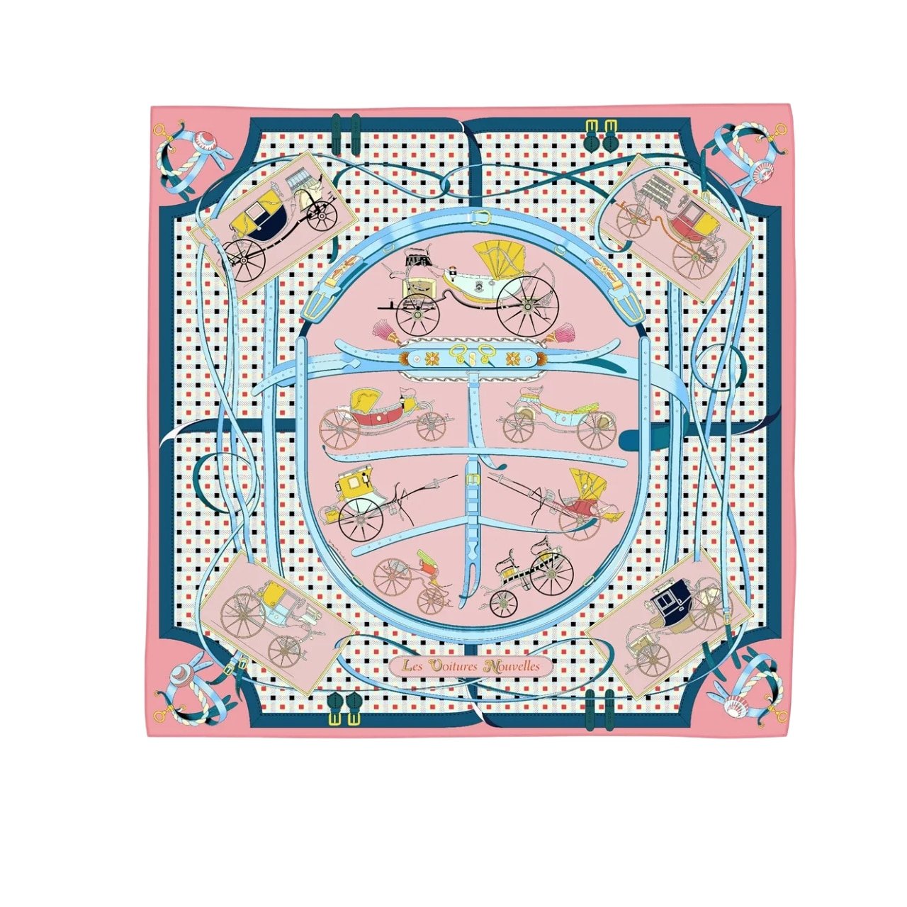 494-1-4 Hermes Les Voitures Nouvelles Scarf Rose Bonbon And Blue 90Cm H984108S 01 - Image 1