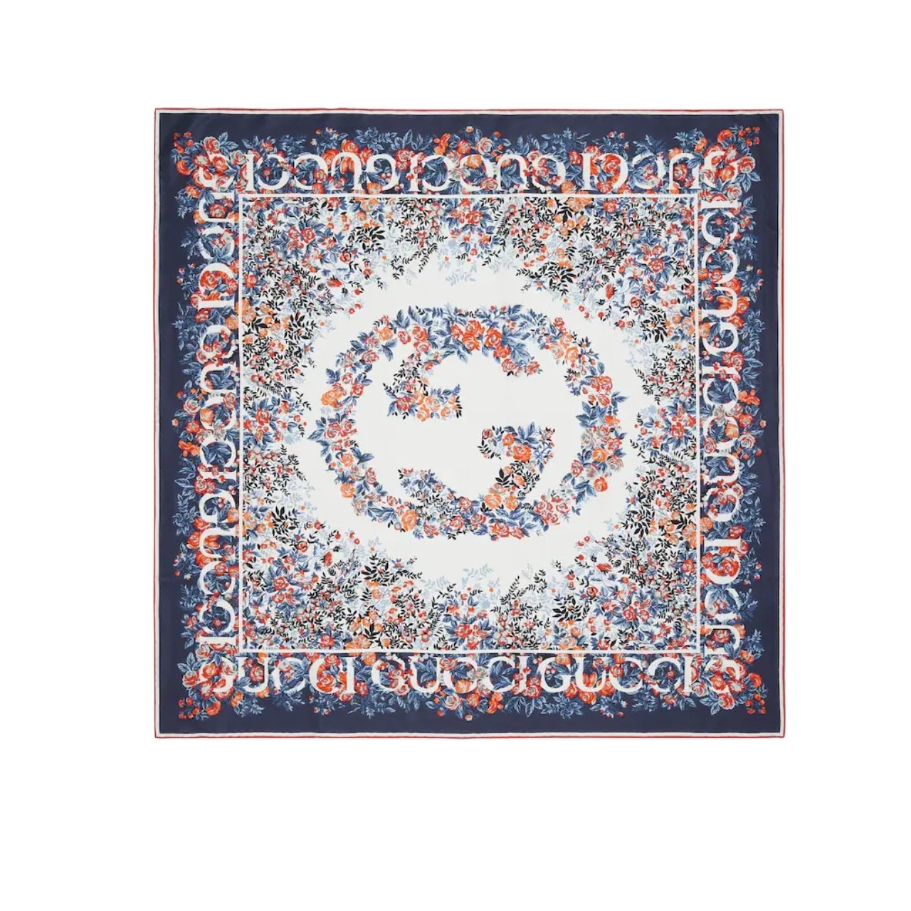 57-1-10 Gucci Interlocking G Floral Print Silk Carré Navy And Red 783157 3G001 4174 - Image 1