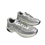 Chanel 23C Silver Metallic Cc Logo Lace Up Flat Runner Trainer Sneaker Gray