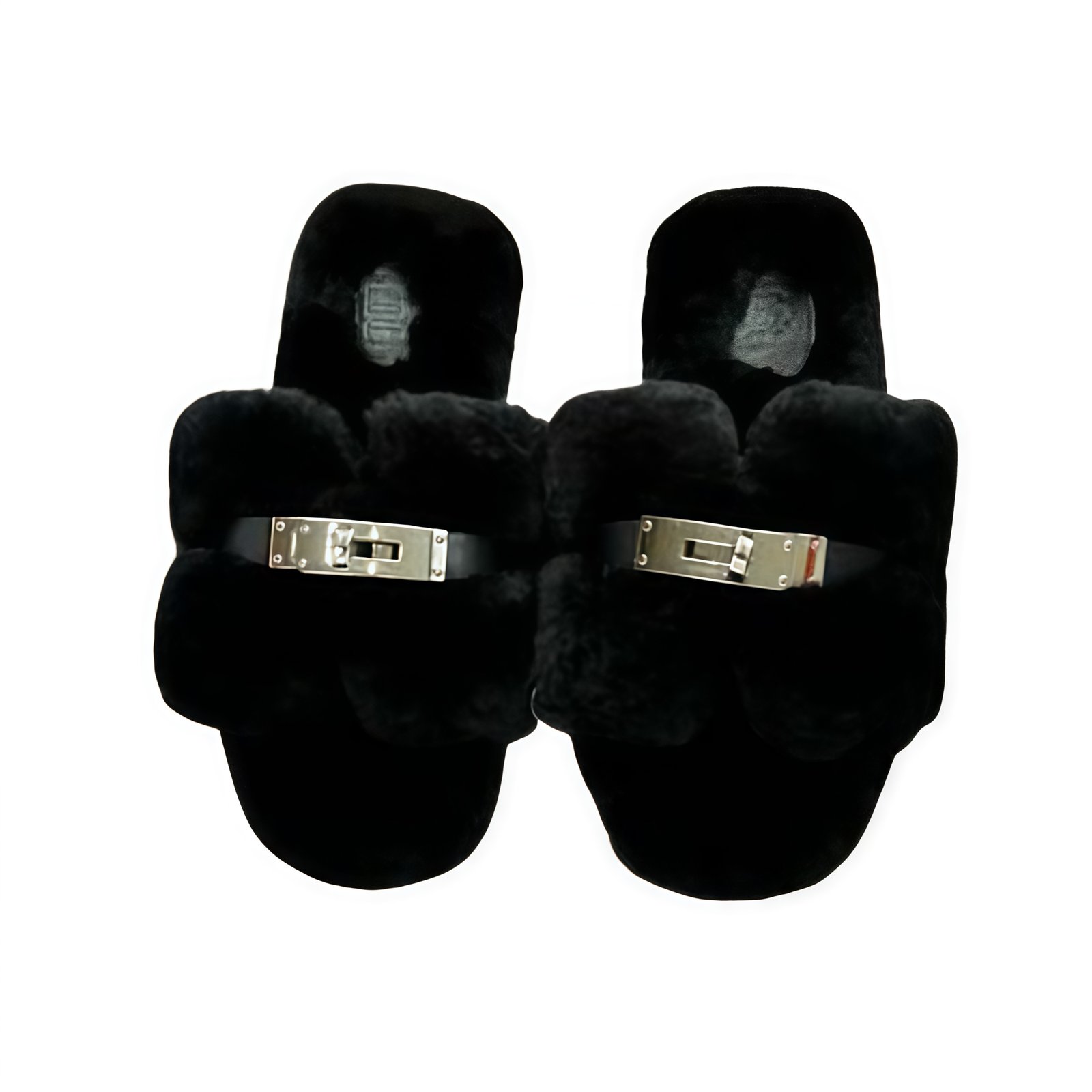 BeautyPlus-Image-Enhancer-1760608966638 Hermes Shearling Fur Oran Silver Buckle Sandal Black - Image 1