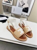 Celine Lympia Flat Strap Sandal In Raffia Calfskin Beige White 352402248C 02Gh - Image 4