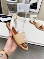 Celine Lympia Flat Strap Sandal In Raffia Calfskin Beige White 352402248C 02Gh - Image 5