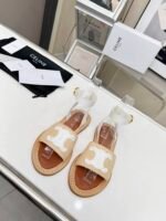 Celine Lympia Flat Strap Sandal In Raffia Calfskin Beige White 352402248C 02Gh - Image 6