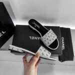 Chanel 24P Beaded Diamond Logo Slippers Silver - Image 4