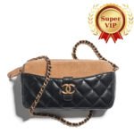 [Super Vip 1:1] Chanel Zipped Phone Holder With Chain Shiny And Gold Tone Metal Black Beige 18Cm Ap4743 B20685 U1546