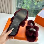 Hermes Shearling Fur Oran Silver Buckle Sandal Wine Red Wool - Image 8