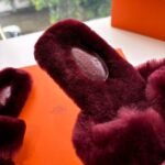 Hermes Shearling Fur Oran Silver Buckle Sandal Wine Red Wool - Image 7