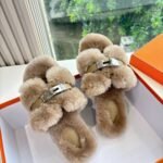 Hermes Shearling Fur Oran Silver Buckle Sandal Beige - Image 4