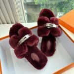 Hermes Shearling Fur Oran Silver Buckle Sandal Wine Red Wool - Image 5