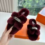 Hermes Shearling Fur Oran Silver Buckle Sandal Wine Red Wool - Image 4