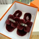 Hermes Shearling Fur Oran Silver Buckle Sandal Wine Red Wool - Image 3