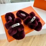 Hermes Shearling Fur Oran Silver Buckle Sandal Wine Red Wool - Image 2