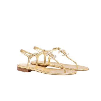 Chanel Gold Pearl Cc Logo Thong Sandals Golden
