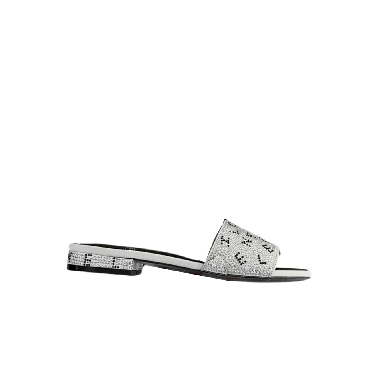 GCBB01-2-7 Chanel 24P Beaded Diamond Logo Slippers Silver - Image 1