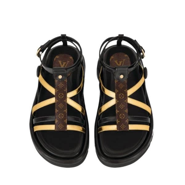 xr:d:DAFu9xTi5qs:1375,j:6554269001489321023,t:23101106 Louis Vuitton Pool Pillow Comfort Sandals Black And Gold - Image 1