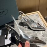 Prada Brushed Leather Slingback Pumps Silver - Image 7