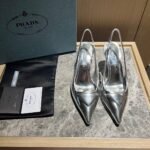 Prada Brushed Leather Slingback Pumps Silver - Image 3