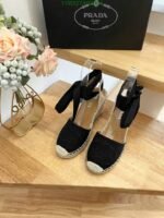 Prada Linen Espadrille Wedge Sandals Black - Image 2