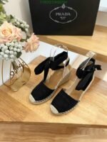 Prada Linen Espadrille Wedge Sandals Black - Image 4