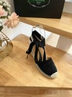Prada Linen Espadrille Wedge Sandals Black - Image 6
