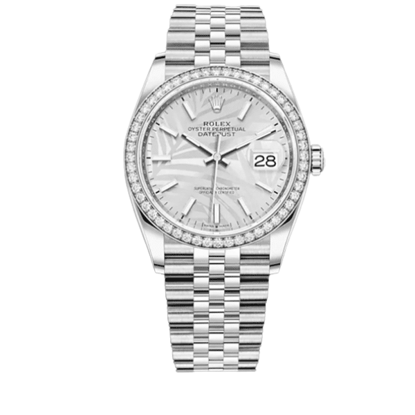 RLWATCH-1-51 Rolex Datejust Silver Dial With Silver Strap Palm Leaf Pattern 36Mm 126200 0086 - Image 1