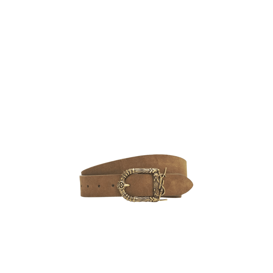 SLBELT-1-7 Saint Laurent Monogram Celtic Leather Brown And Gold Belt 0400017970125 - Image 1
