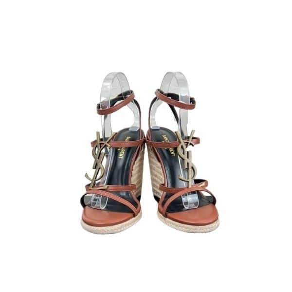 SLS01 Saint Laurent Cassandra 115 Leather And Raffia Wedge Brown Sandals - Image 1