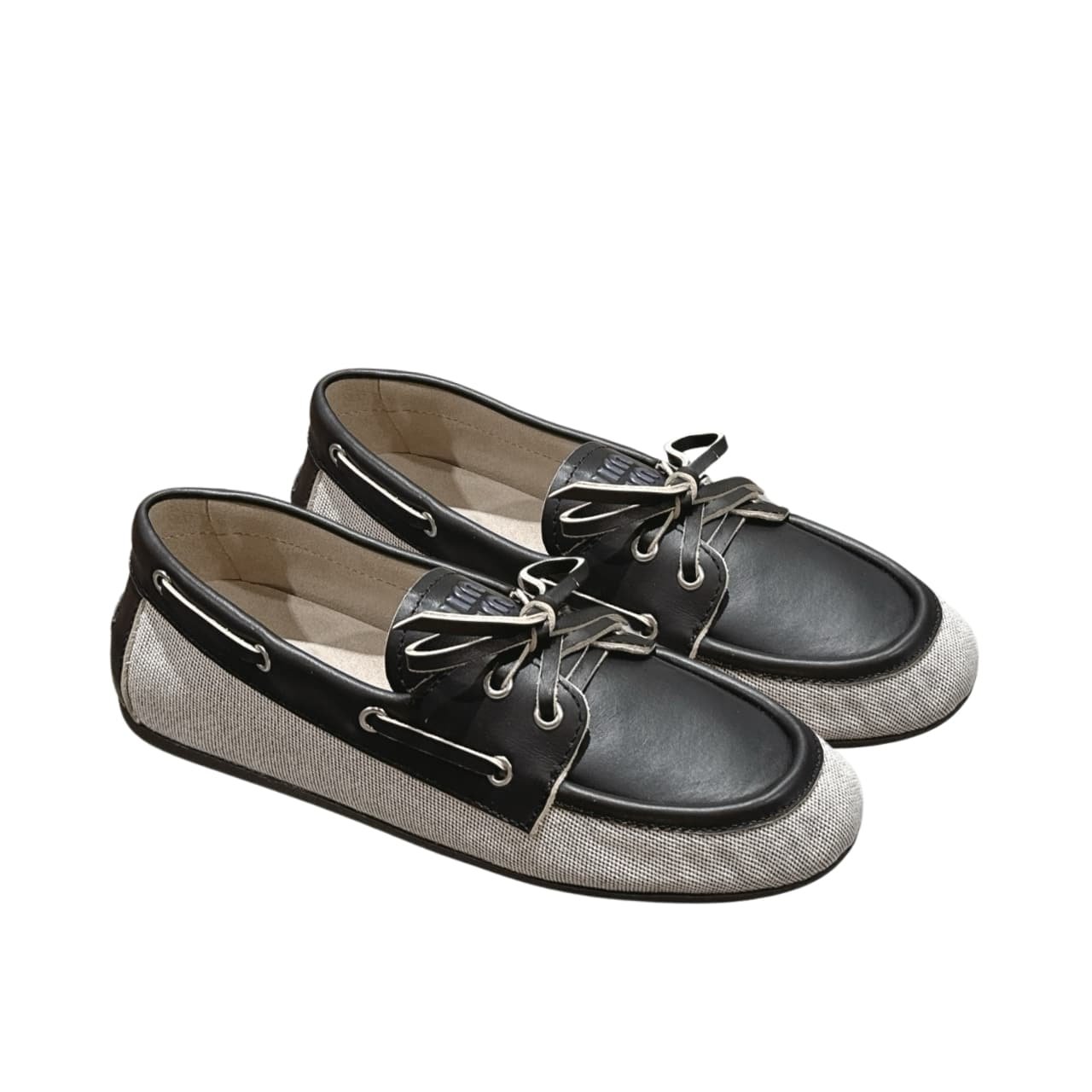 TBB-2-11 Miumiu Canvas And Bleached Leather Boat Shoes Black - Image 1