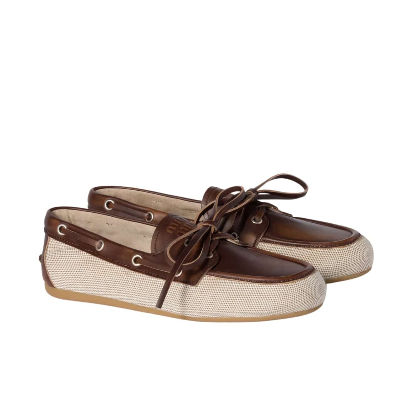 TBB-3-1-3 Miumiu Canvas And Bleached Leather Boat Shoes Beige 5D376E 3Lqm F0J51 F 005 - Image 1