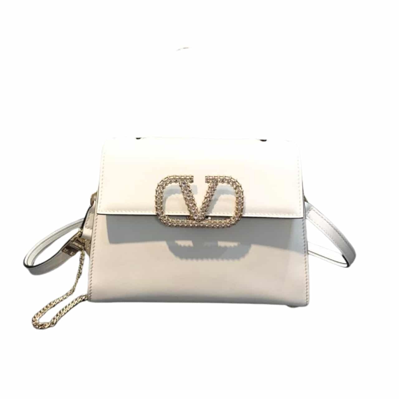 xr:d:DAF6MoGXHTU:424,j:5821319692607294918,t:24013102 Valentino Garavani Vsling Crystal Embellished Leather Handbag White 18Cm - Image 1