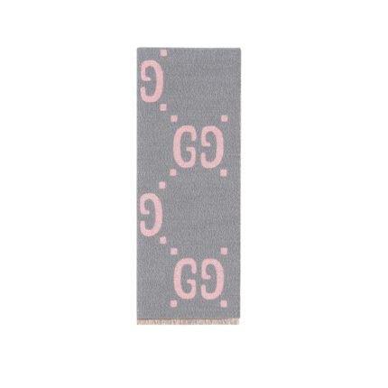 Gucci Gg Jacquard Wool Silk Scarf Grey Pink 180Cm 558007 3G636 1272G