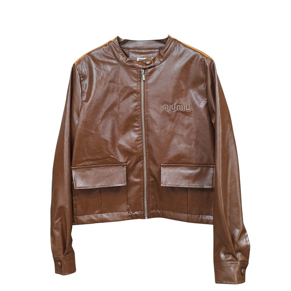 Thumbnail-33-4 Miumiu Crop Top Jacket Brown Leather - Image 1