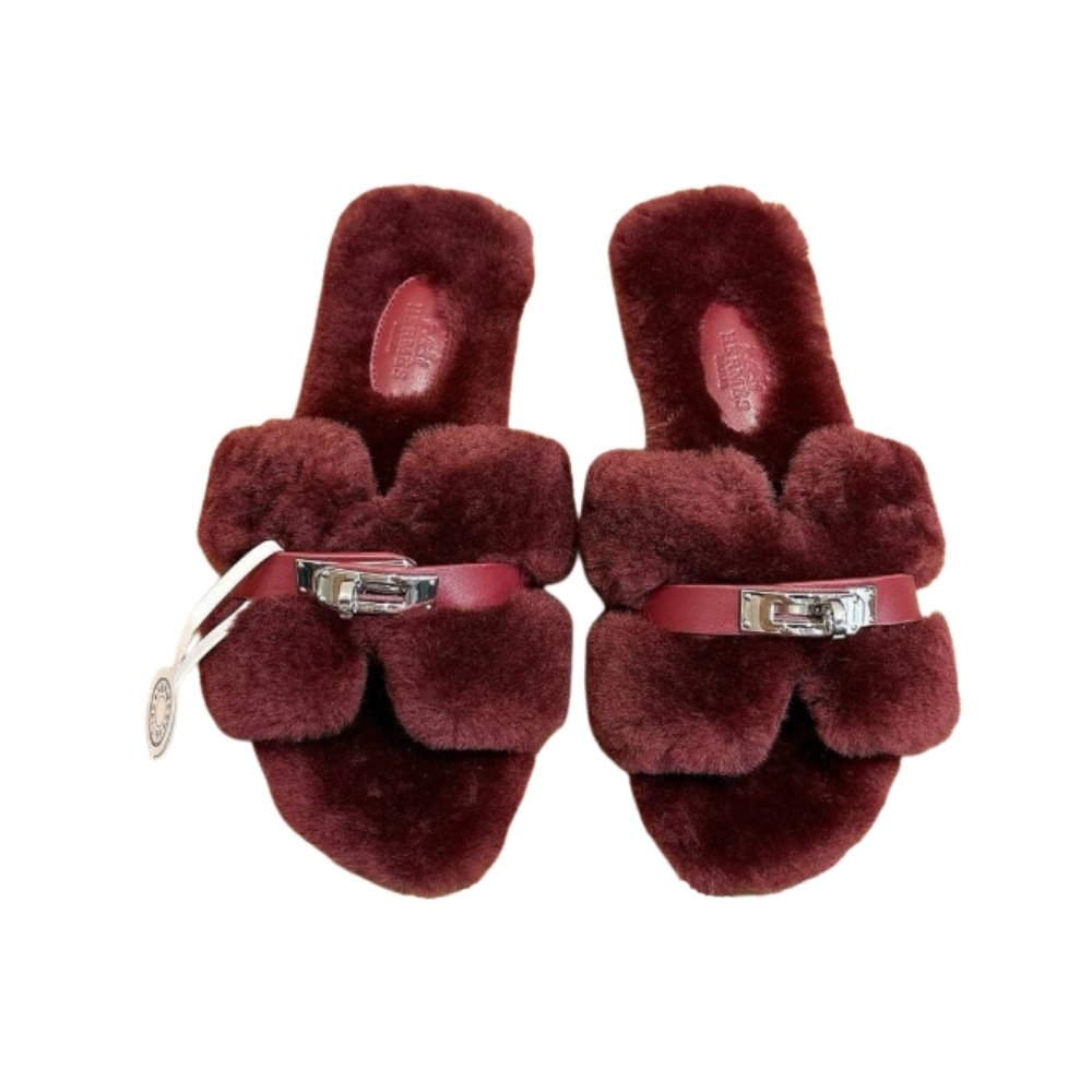 Thumbnail-4-6-1 Hermes Shearling Fur Oran Silver Buckle Sandal Wine Red Wool - Image 1