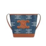 Celine Mini Bucket Cuir Triomphe In Denim With Triomphe All Over Embroidery And Calfskin Navy Tan 16Cm 10L432Fdx 07At