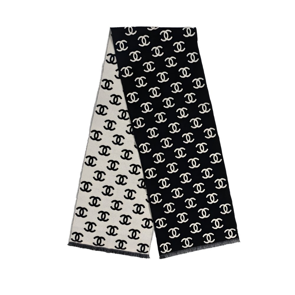 Thumbnail-62-1 Chanel Wool Cashmere Cc Scarf Black White 180Cm - Image 1