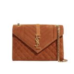 Saint Laurent Envelope Medium Matelassé Suede Shoulder Bag Brown 24Cm