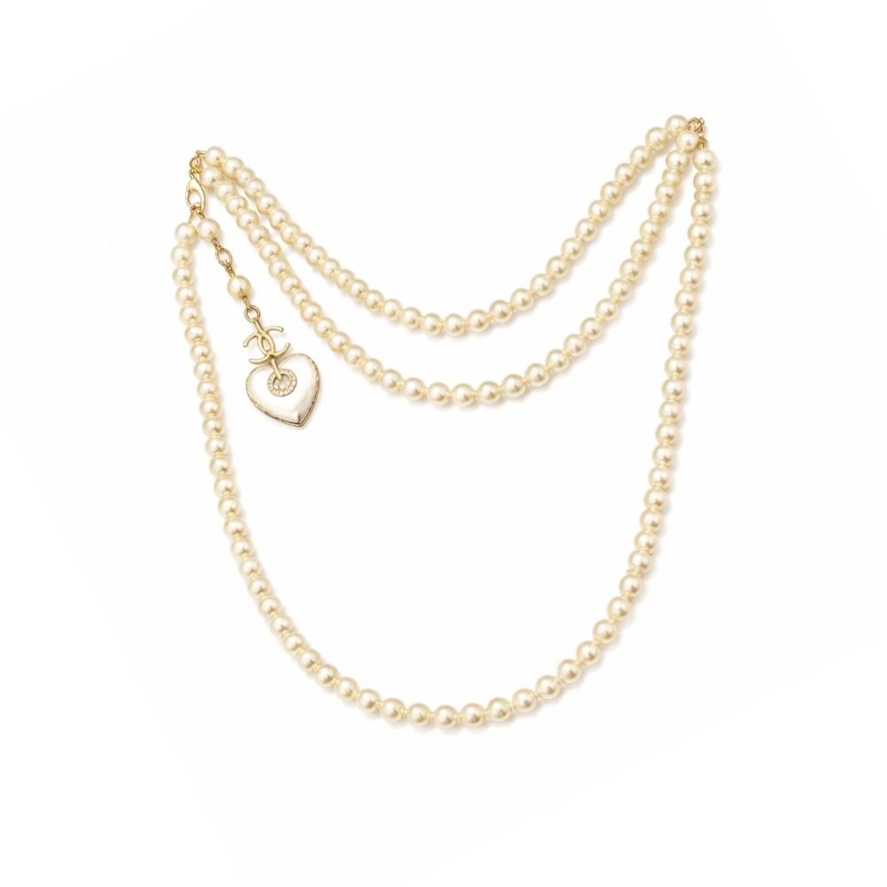Thumbnail-8-1-4 Chanel Double Strand Pearl Necklace with Heart Shaped Charm - Image 1