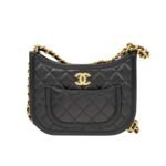Chanel Hobo Handbag Gold Tone Metal Black 23Cm As4666