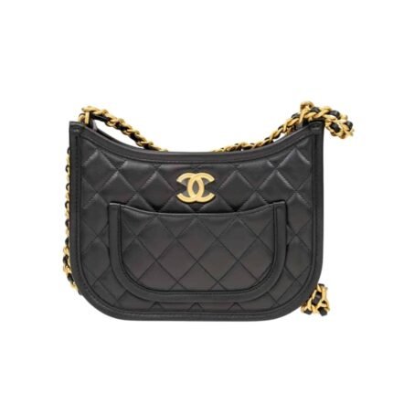 Chanel Hobo Handbag Gold Tone Metal Black 23Cm As4666