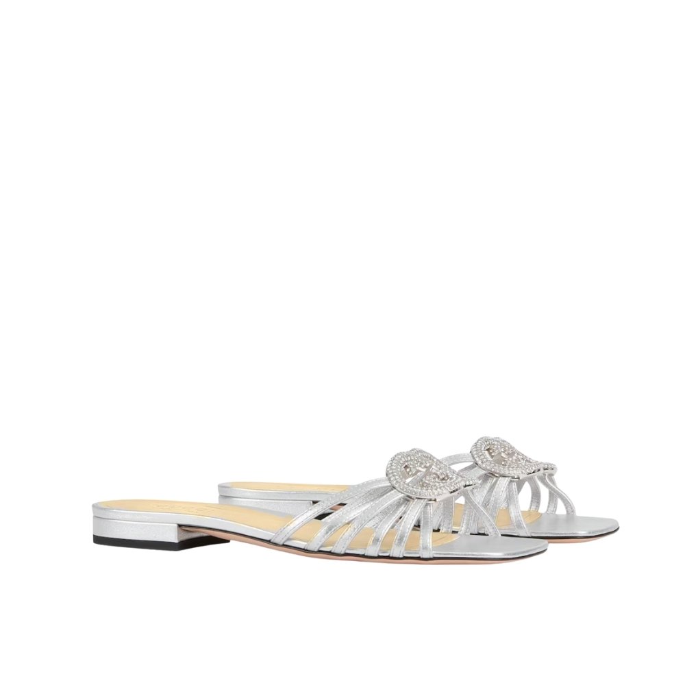 Thumbnail-9-4-4 Gucci Women Slide With Crystal Interlocking G Silver Leather 852357 Bnc00 1001 - Image 1