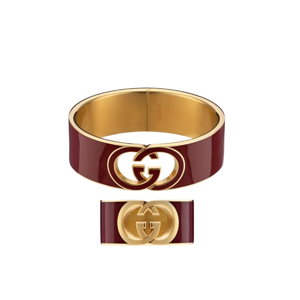 Thumbnails-Emlina-9-2 Set Gucci Cuff Bracelet And Ring Interlocking Enamel Red Gold Tone - Image 1