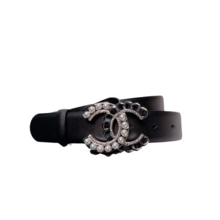 Chanel Belt With Pearls And Cc Logo Silver Tone Metal Belt Black 28Mm